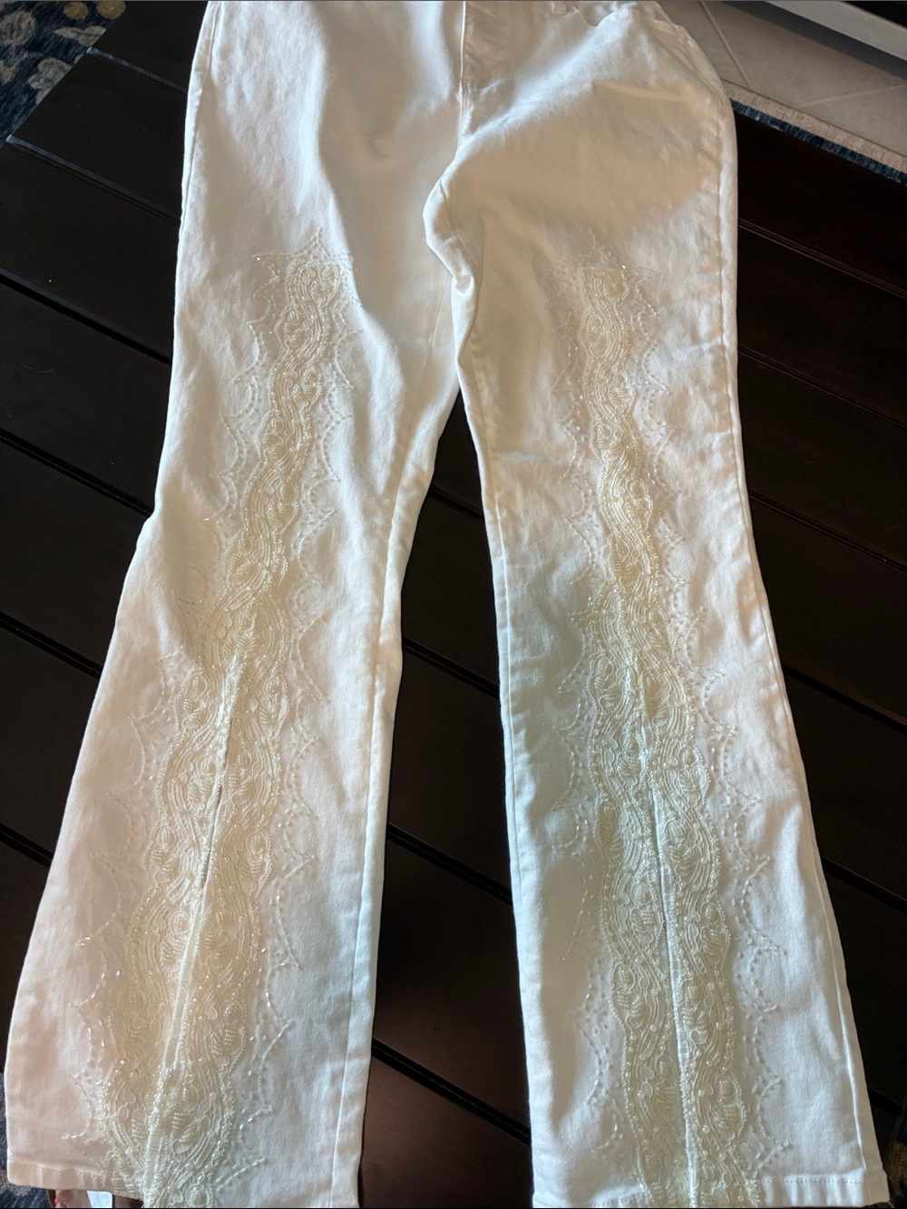 Juliette White Embroidered Slim Pants with Pearls